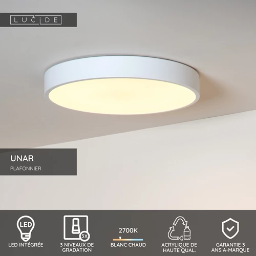 Lucide UNAR - Plafonnier - Ø 39,5 cm - LED 3 StepDim - 1x24W 2700K - Blanc - USP